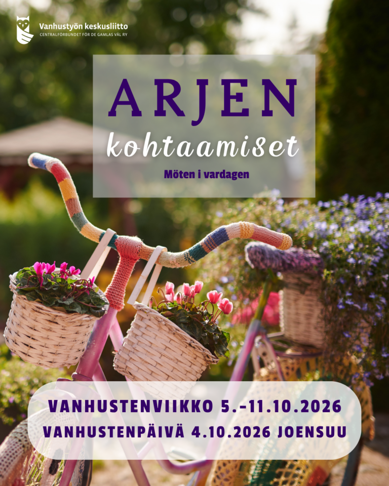 vanhustenviikon mainos, polkyörä jonka tangossa ja korissa satulan takana kukkia
